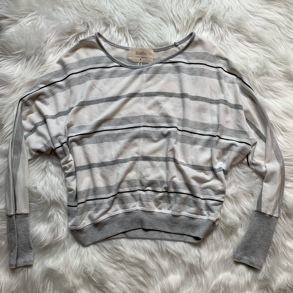 Anthropologie white sweater with grey/black stripe